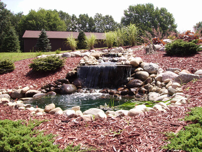 garden waterfall and hardscape